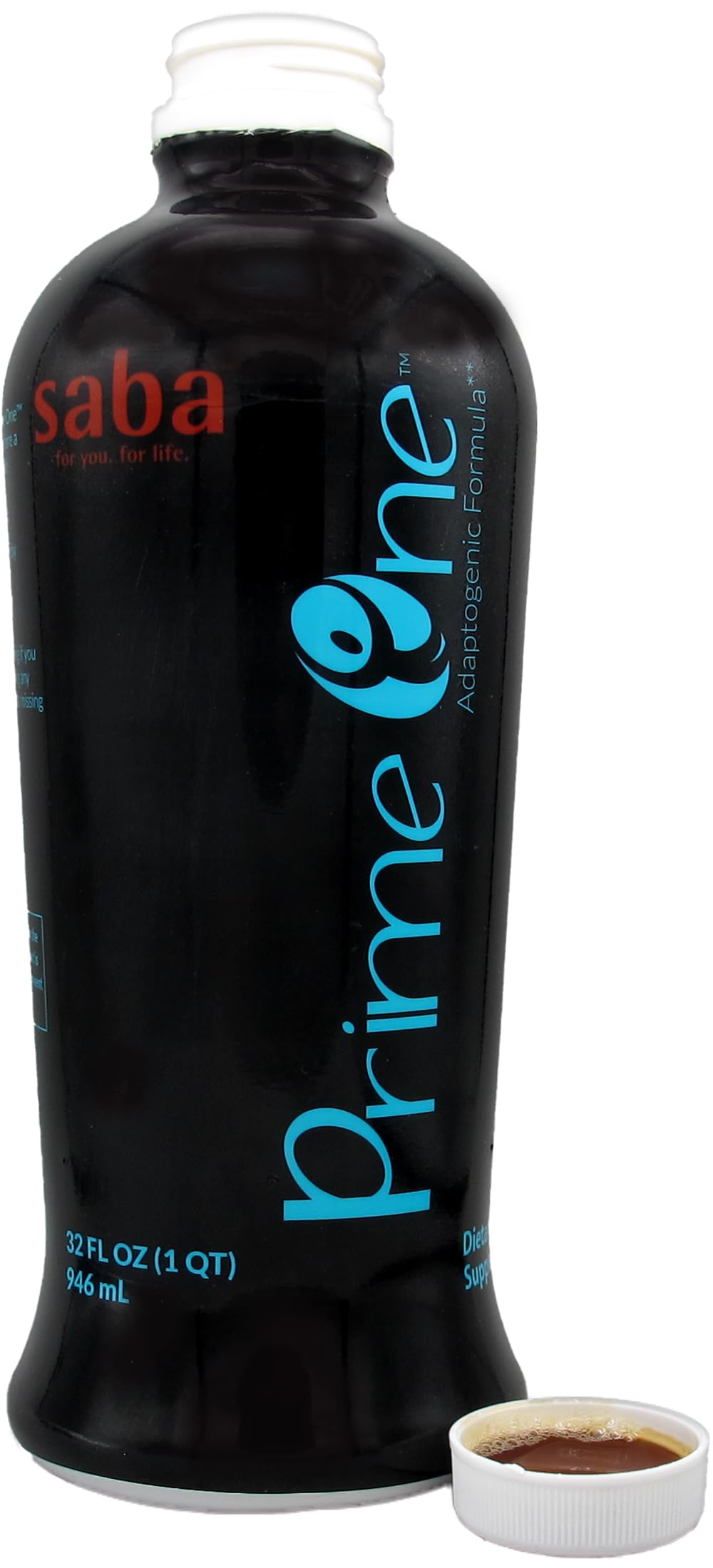 HerbFuse Saba Prime One liquid bottle on desk suggests daily routine use.