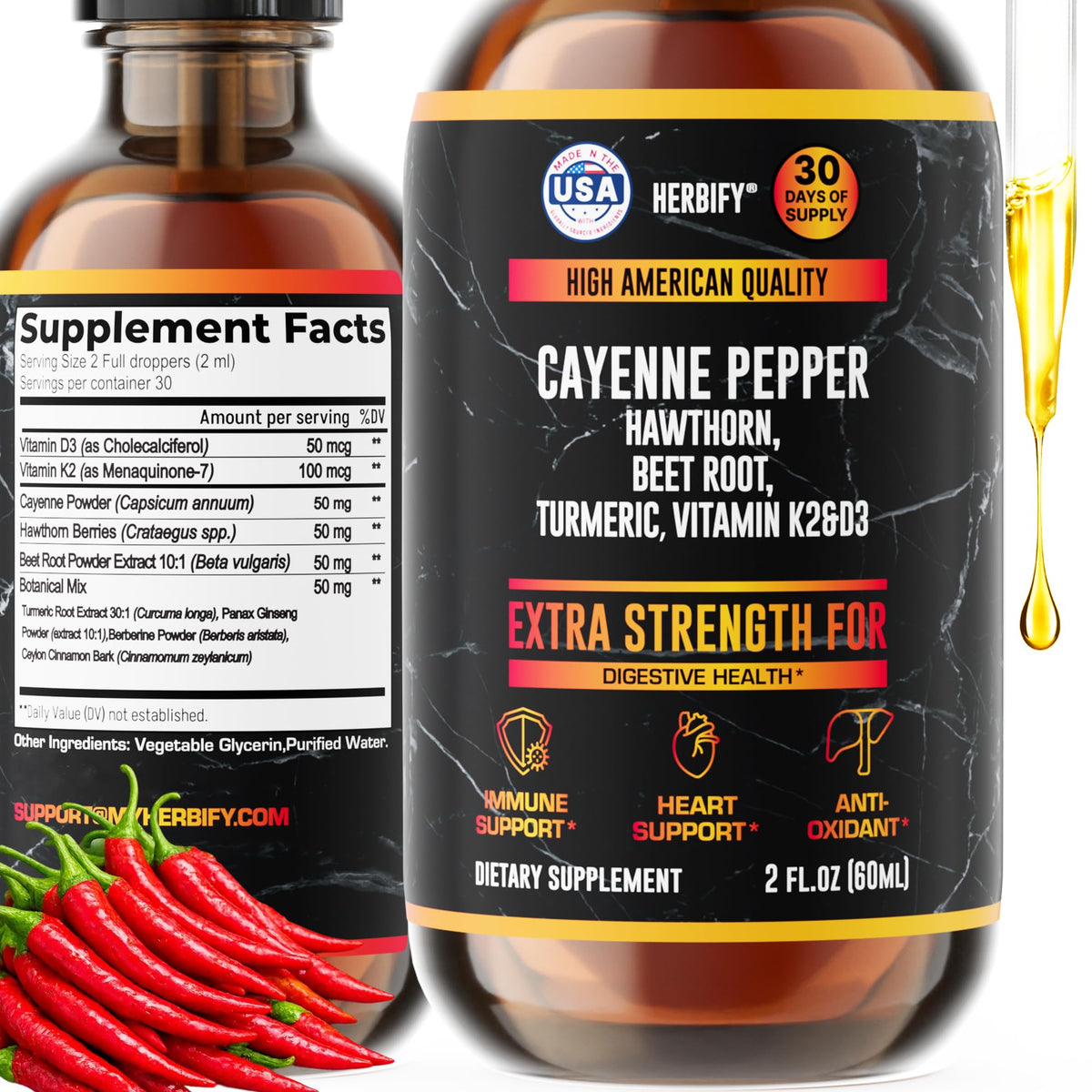 HERBIFY Cayenne Pepper Drops bottle for digestion and energy support