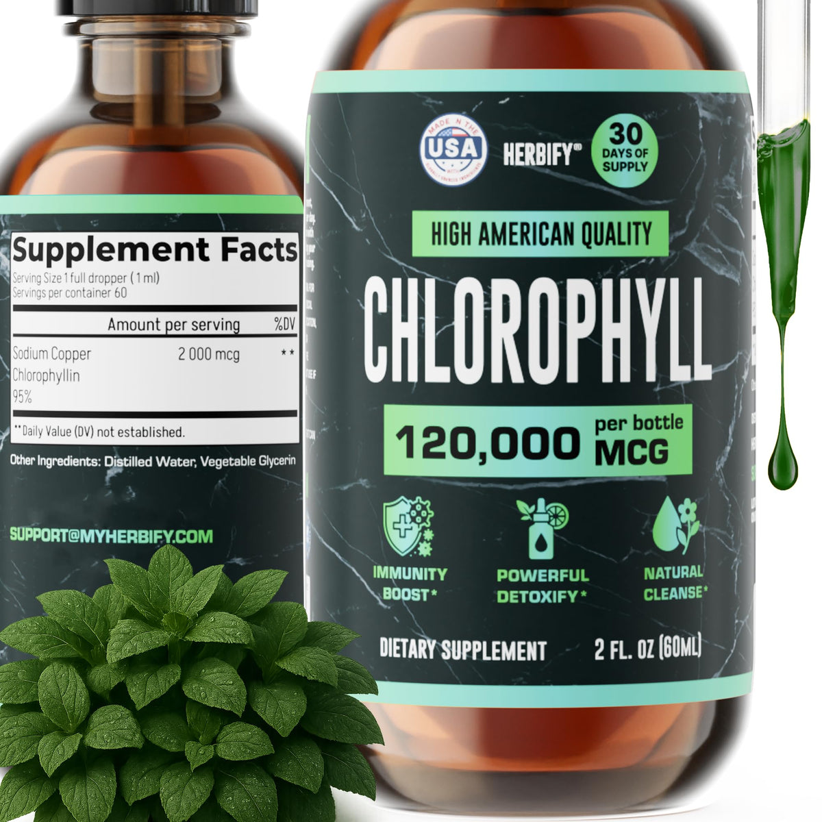 HERBIFY Chlorophyll Drops bottle on kitchen counter boosts daily energy and wellness.