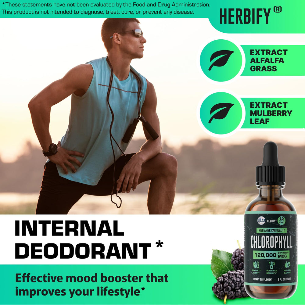 HERBIFY Chlorophyll Drops label emphasizes USA-made purity and high quality.