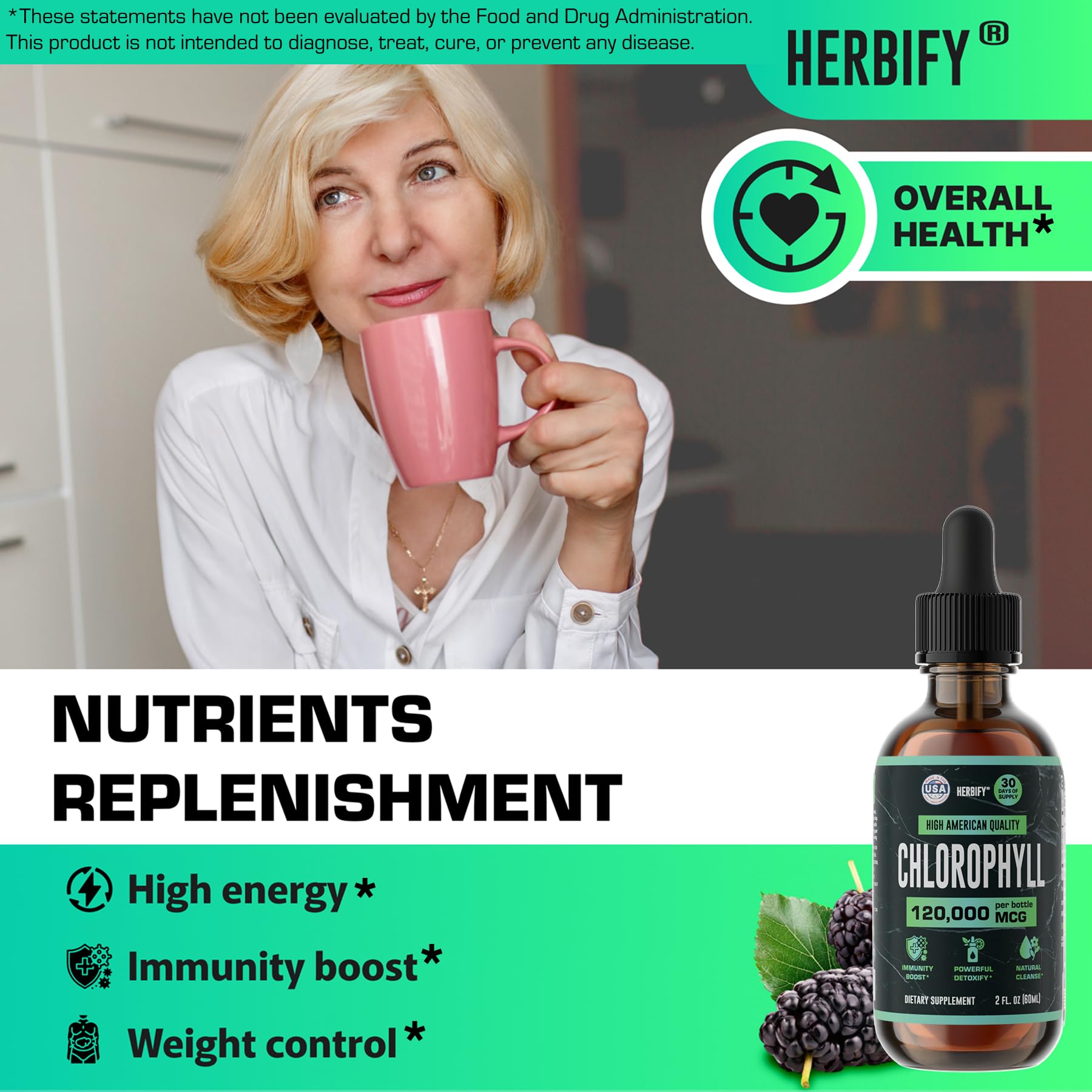 HERBIFY Chlorophyll Drops pour into water for gentle detox potential.