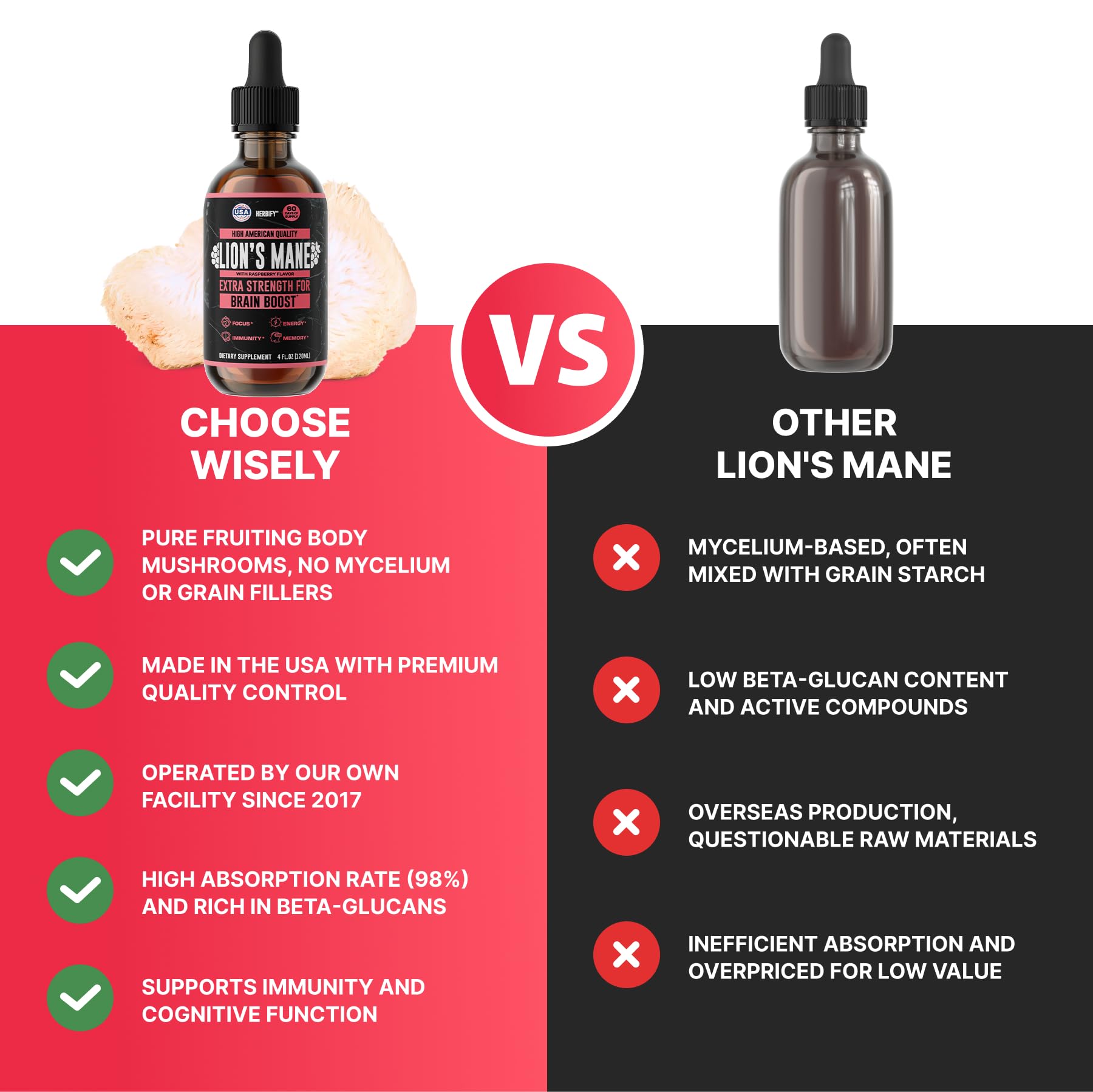 HERBIFY Lions Mane bottle on shelf highlighting USA-made quality