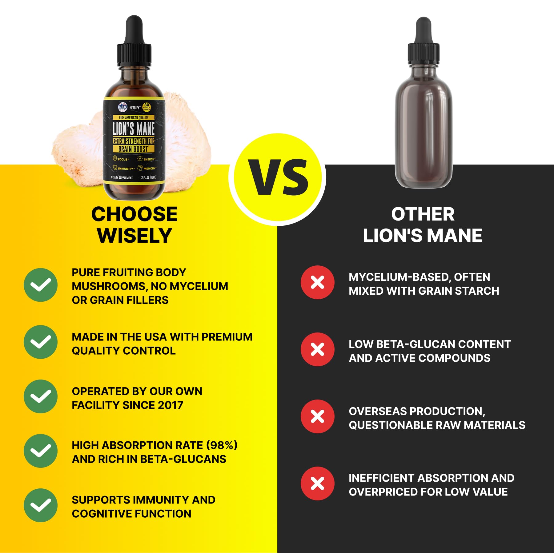 HERBIFY Lions Mane tincture supports focus and memory during tasks.