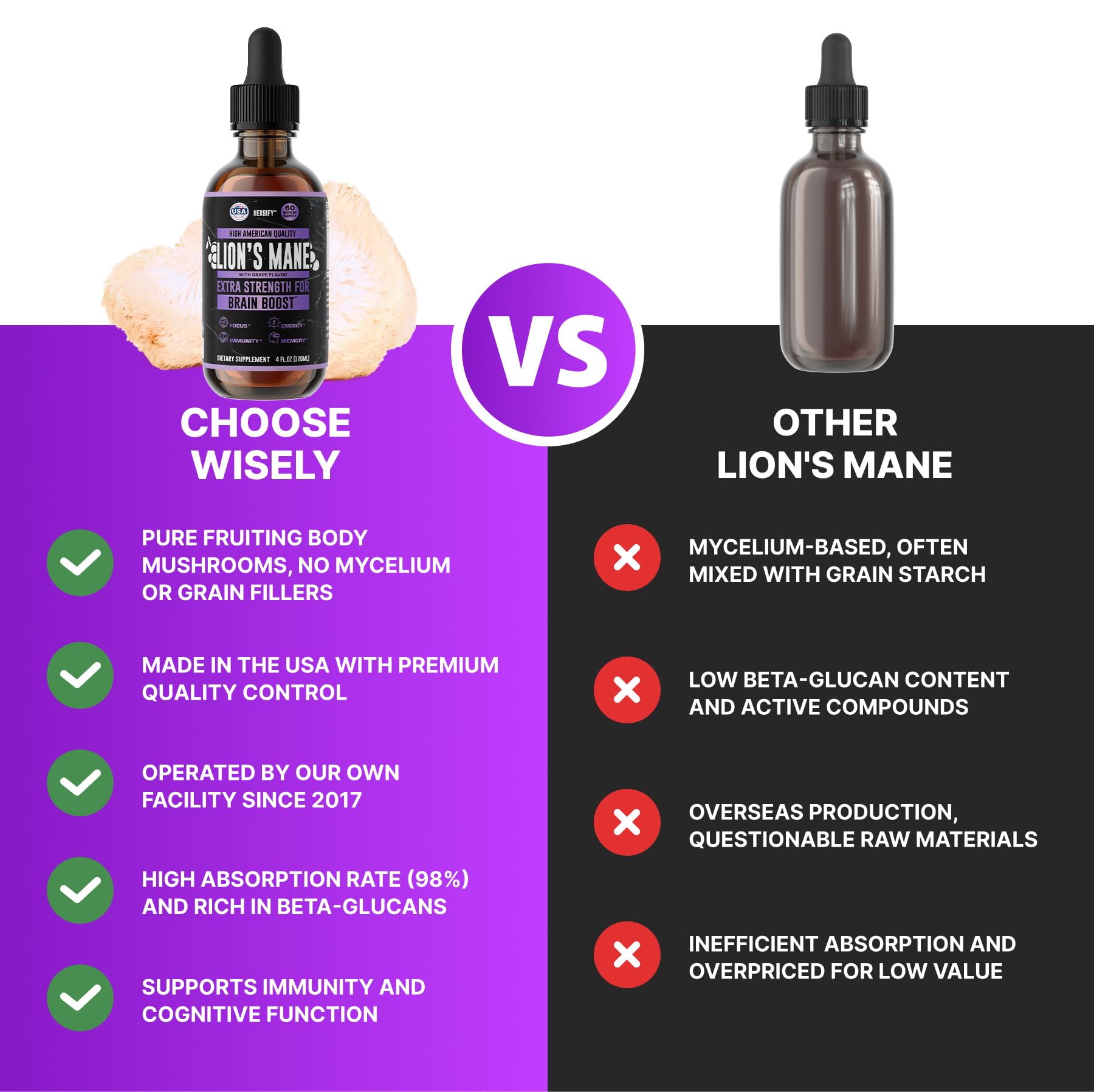 HERBIFY Lions Mane grape-flavored tincture supports daily energy and immune balance.