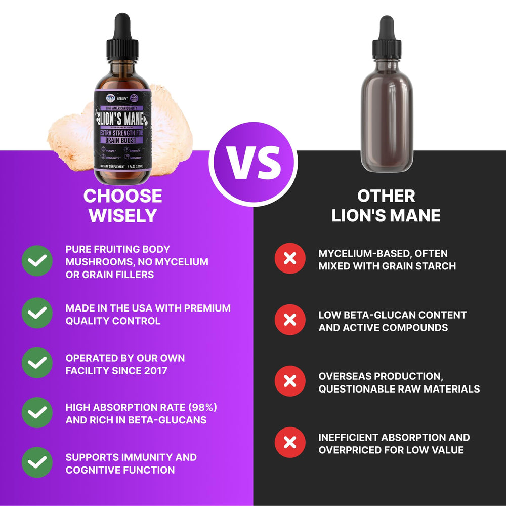 HERBIFY Lions Mane grape-flavored tincture supports daily energy and immune balance.