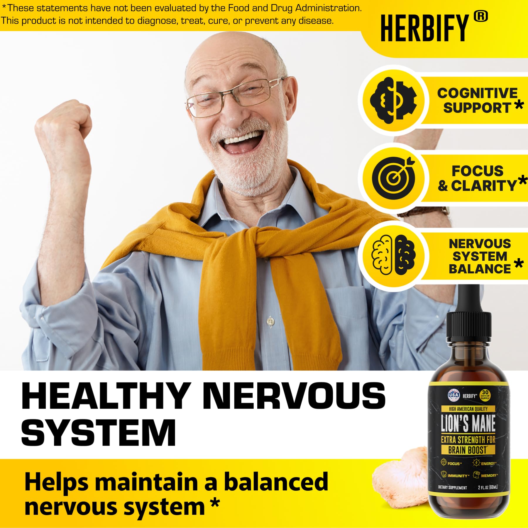 HERBIFY Lions Mane bottle emphasizing immune support and daily wellness.