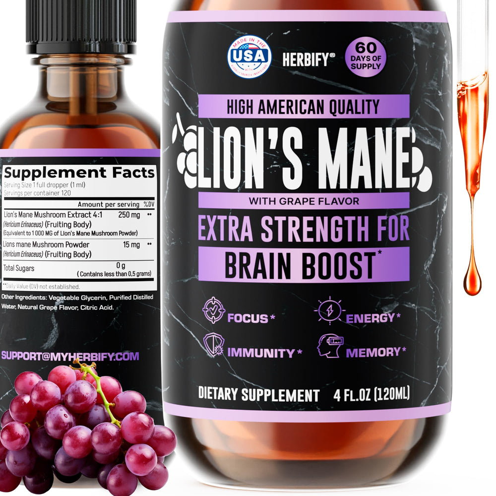 HERBIFY Lions Mane bottle on counter suggests daily focus support.