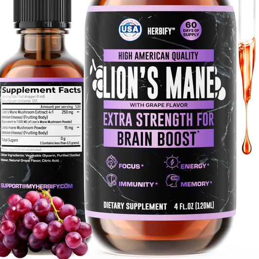 HERBIFY Lions Mane bottle on counter suggests daily focus support.
