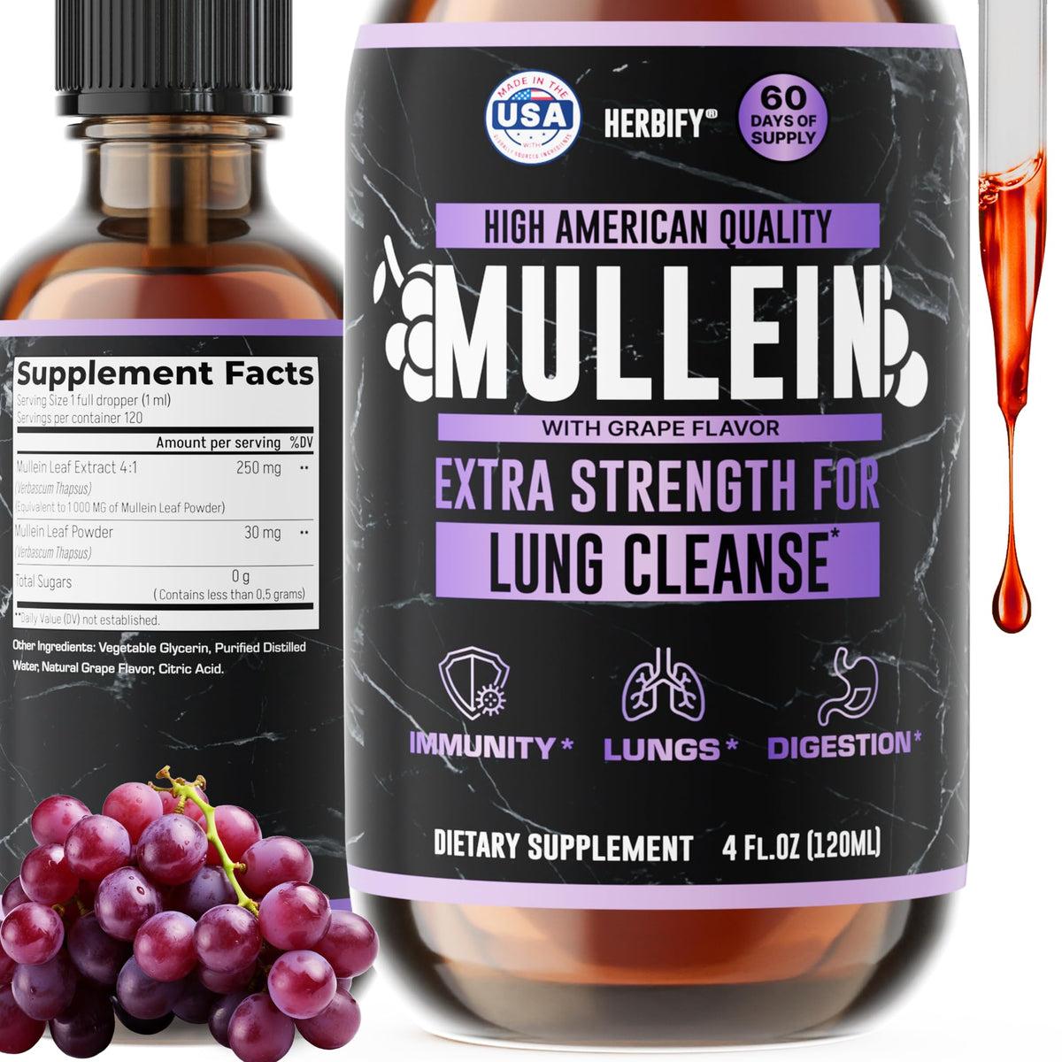 HERBIFY Mullein Drops bottle front highlighting grape flavor and respiratory support.
