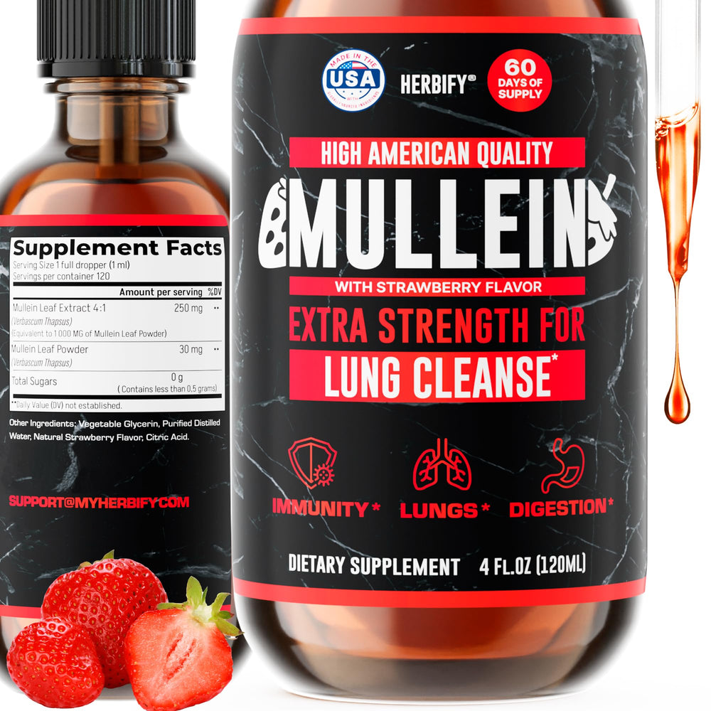 HERBIFY Mullein Drops bottle shown for respiratory support with strawberry flavor.