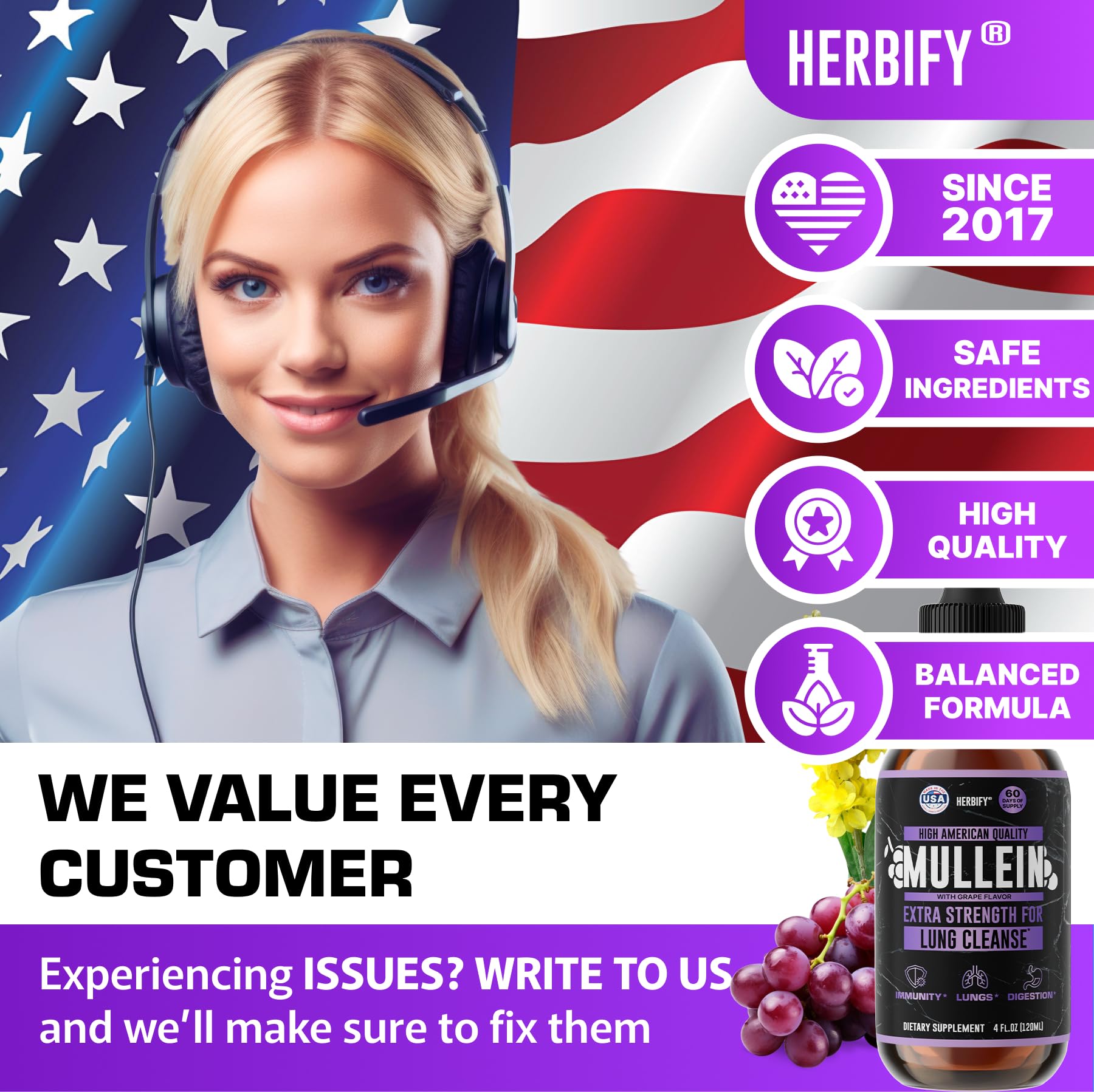 HERBIFY Mullein Drops packaging box label emphasizing Made in USA commitment.