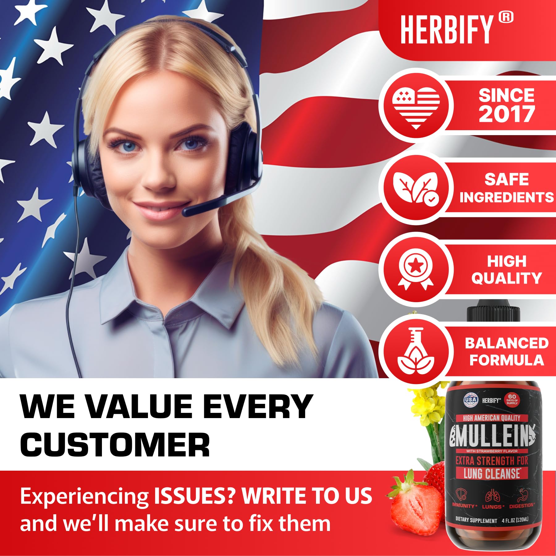 HERBIFY Mullein Drops packaging box conveying care and USA-origin commitment.