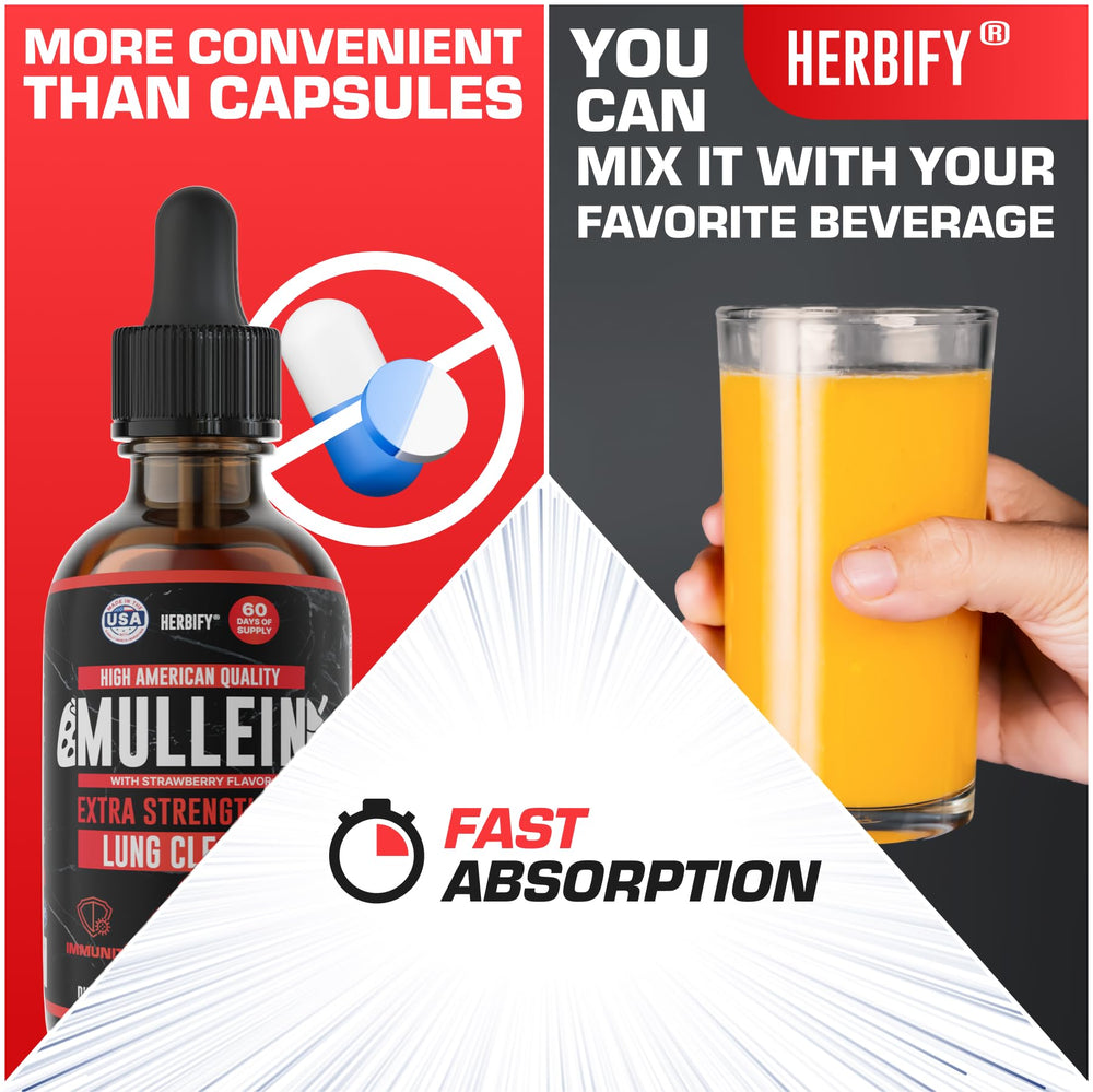 HERBIFY Mullein Drops pouring into water for quick mixing in daily routines.