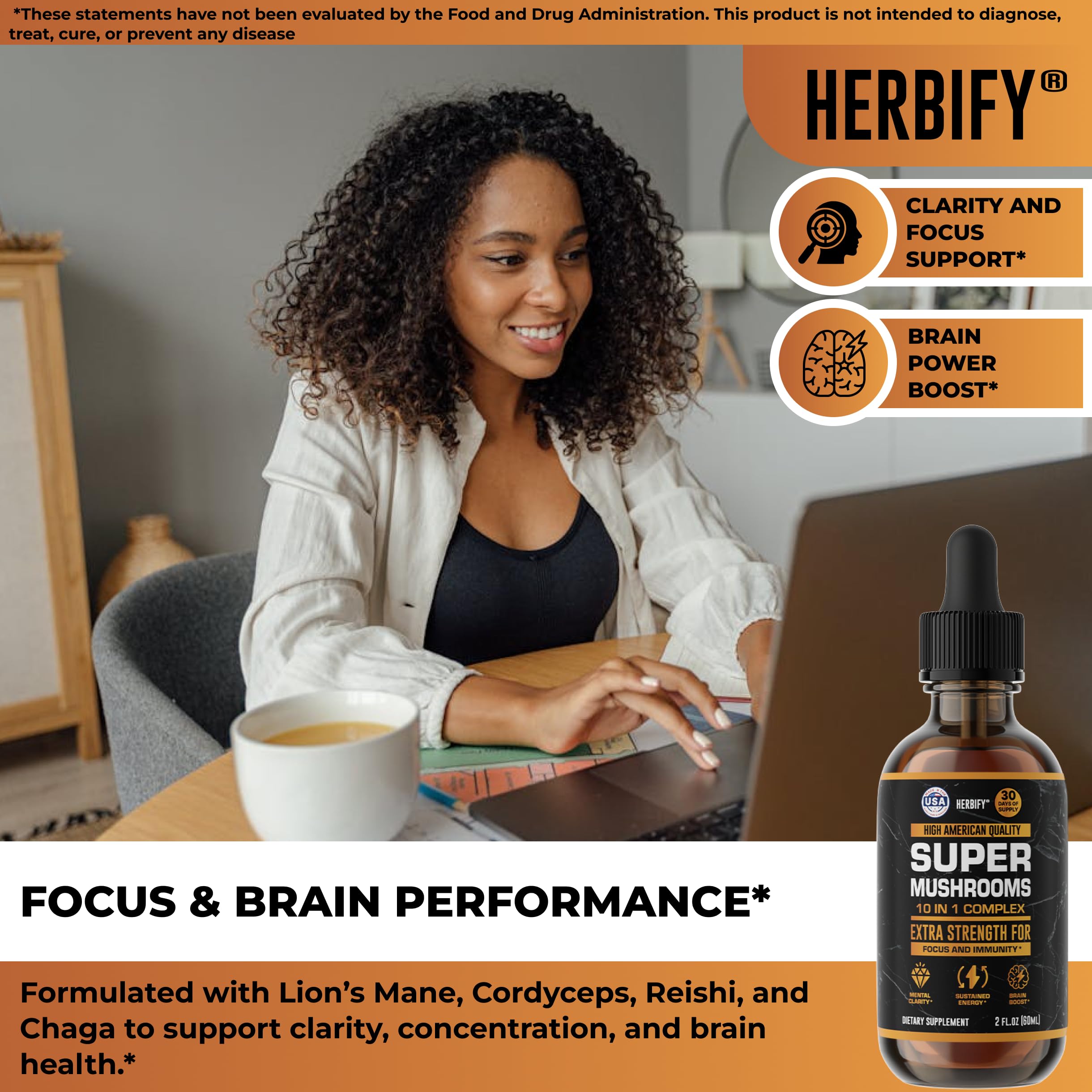 HERBIFY Chaga bottle showcasing mental energy and cognitive clarity
