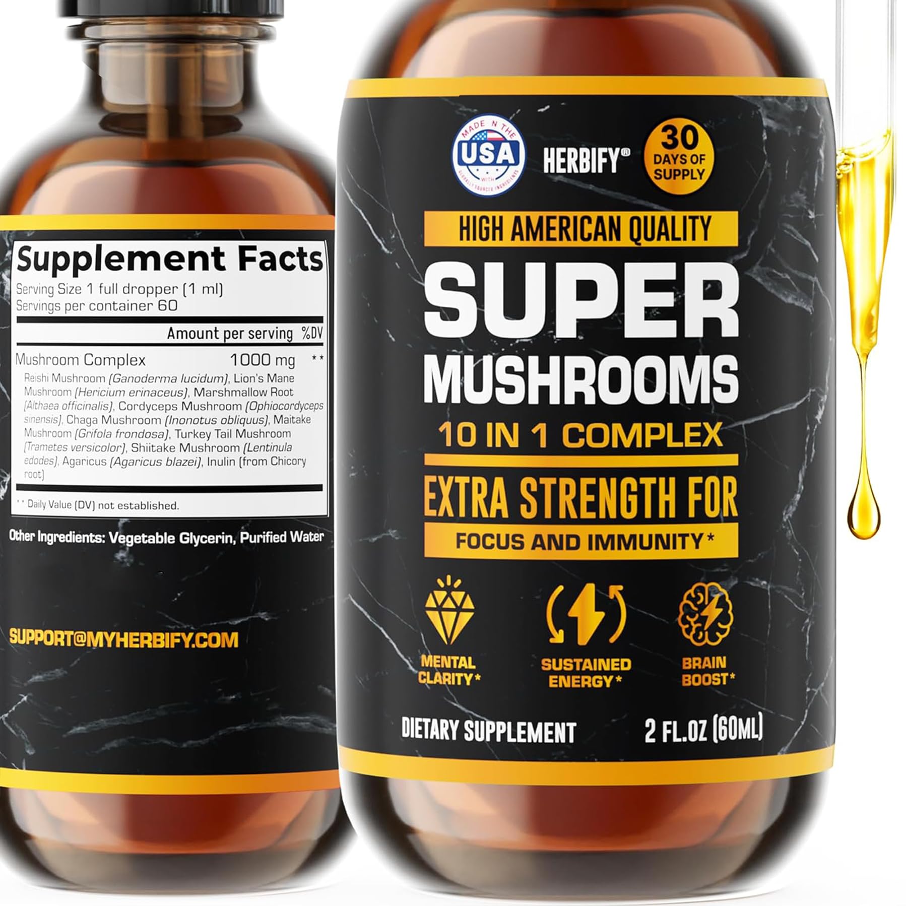 HERBIFY Lions Mane bottle with focus-boosting mushroom blend for daily energy