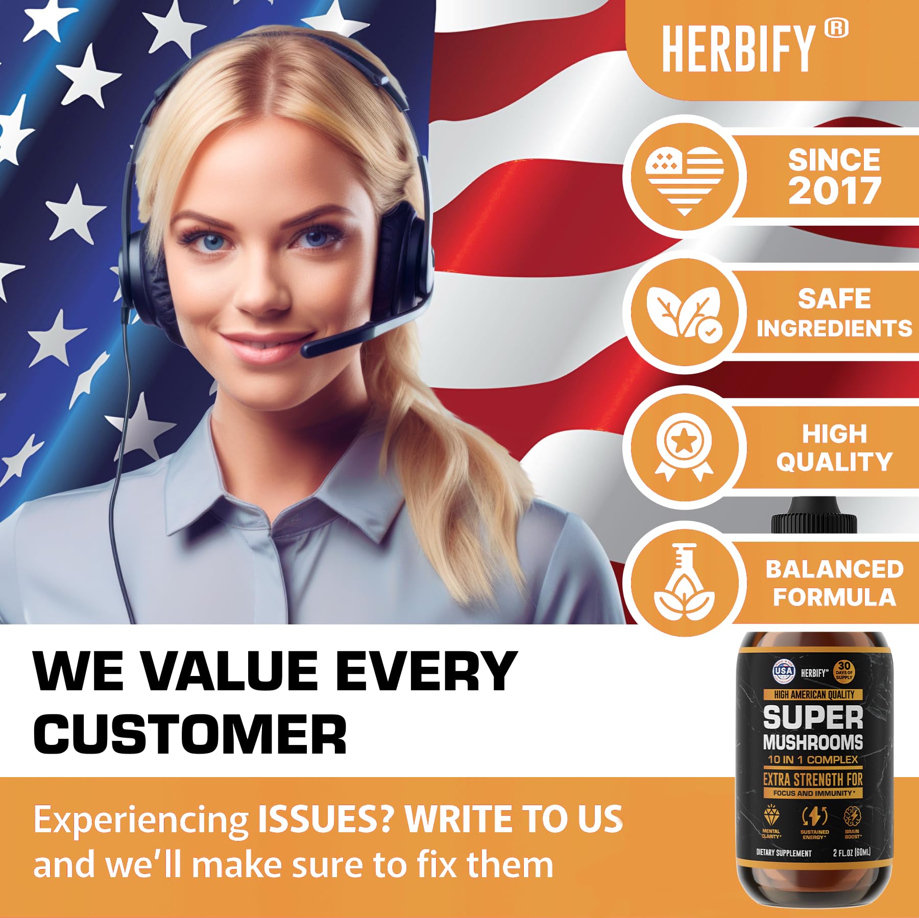 HERBIFY Multimushroom bottle blends eight mushrooms for comprehensive daily wellness