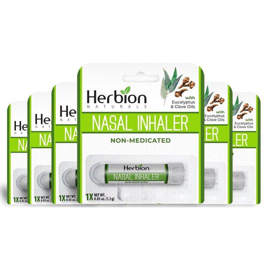 Herbion Naturals Nasal Inhaler packaging close-up showing natural ingredients and compact design