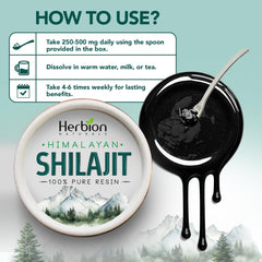 HERBION Naturals Shilajit resin in glass container for freshness.