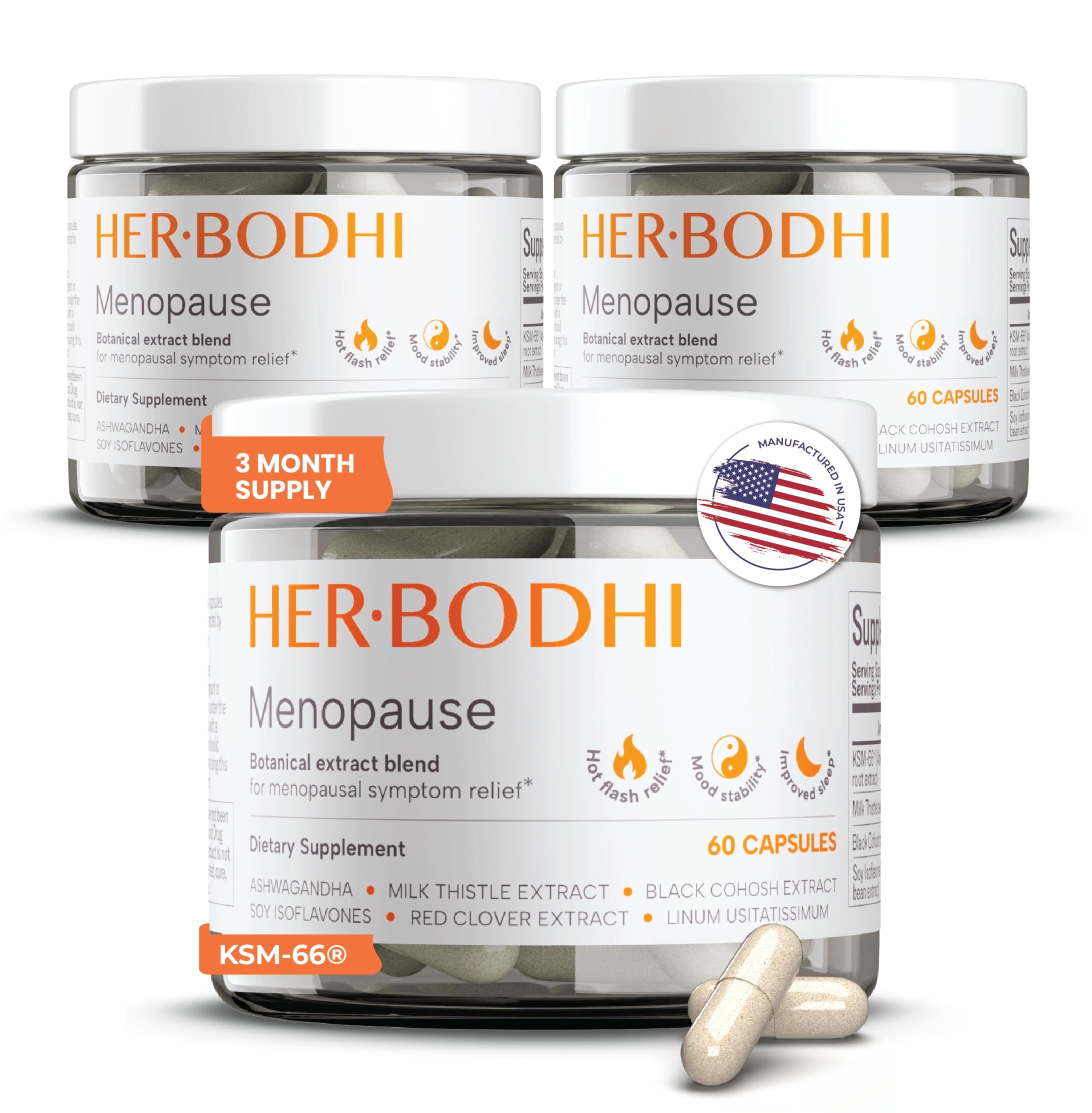 Her Bodhi Meno three-bottle bundle front view for menopause support.