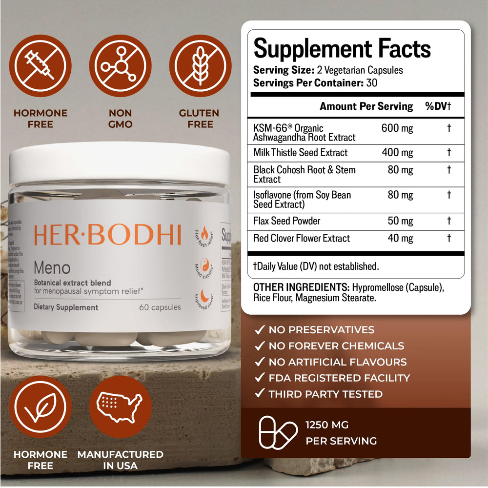 Her Bodhi MENO ingredient art evokes natural menopause support.