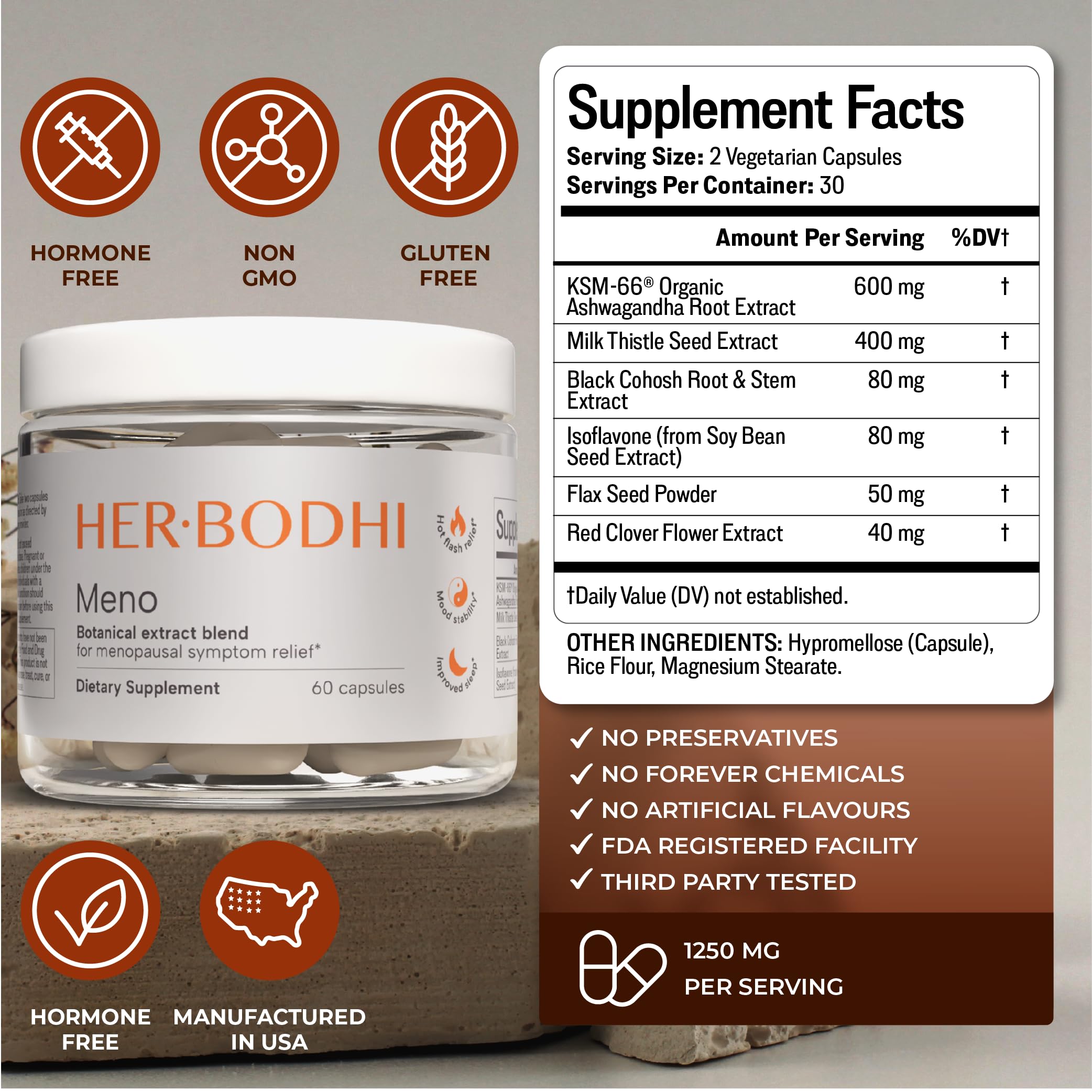 Her Bodhi Meno three-bottle collection signaling a comprehensive relief option.