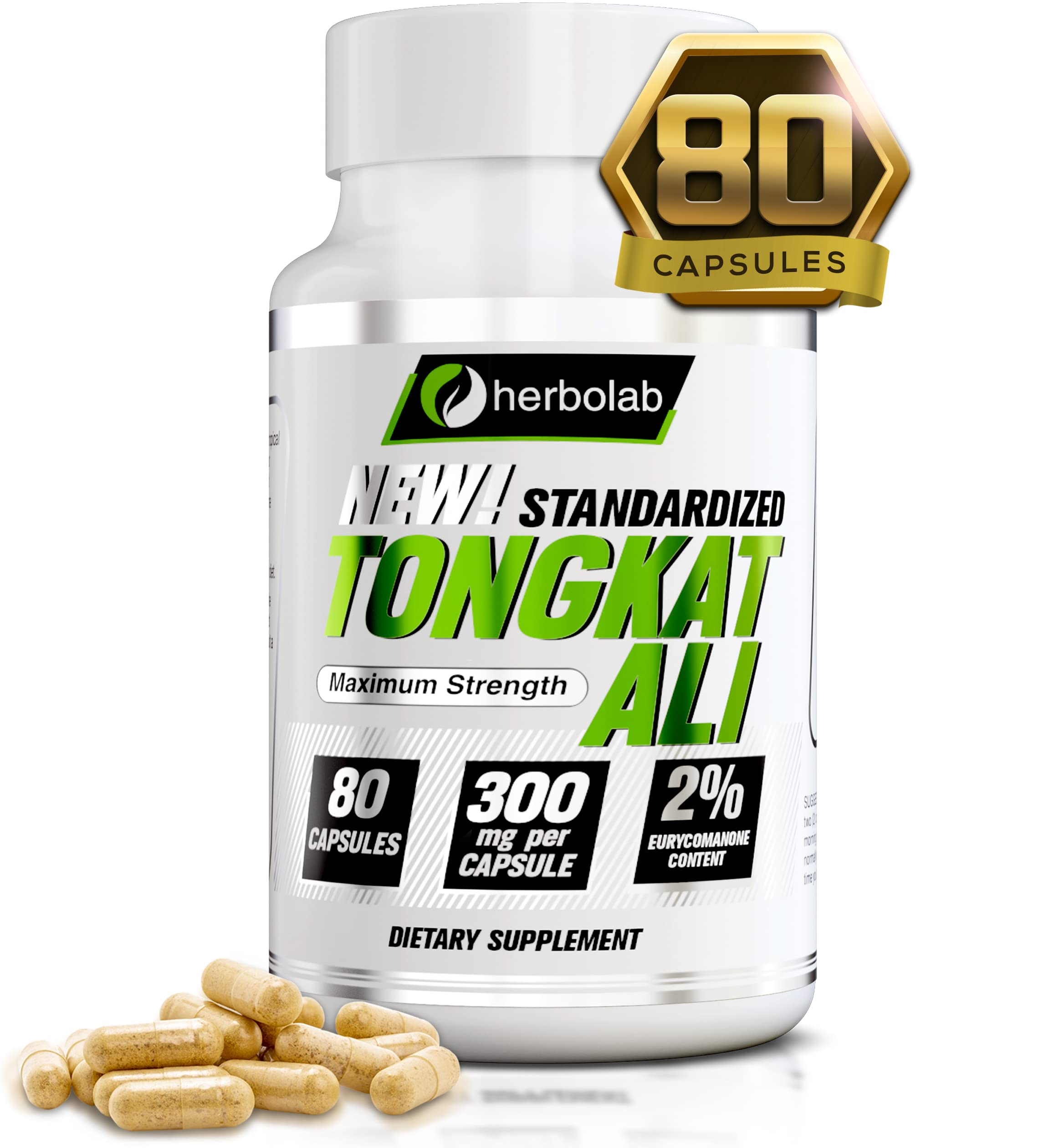 Herbolab Tongkat Ali bottle front shows potency with 2% eurycomanone.