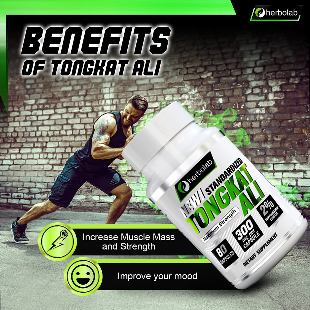 Herbolab Tongkat Ali bottle side view displays dosage information clearly.