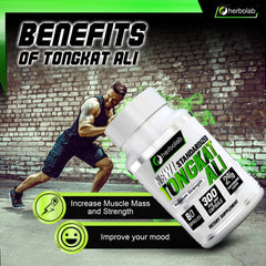 Herbolab Tongkat Ali bottle side view displays dosage information clearly.