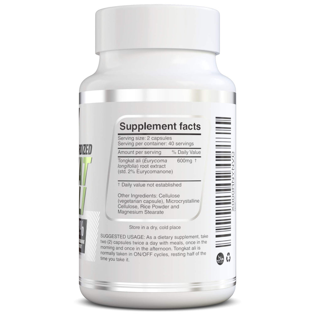 Herbolab Tongkat Ali capsules lined up for daily supplement routine.