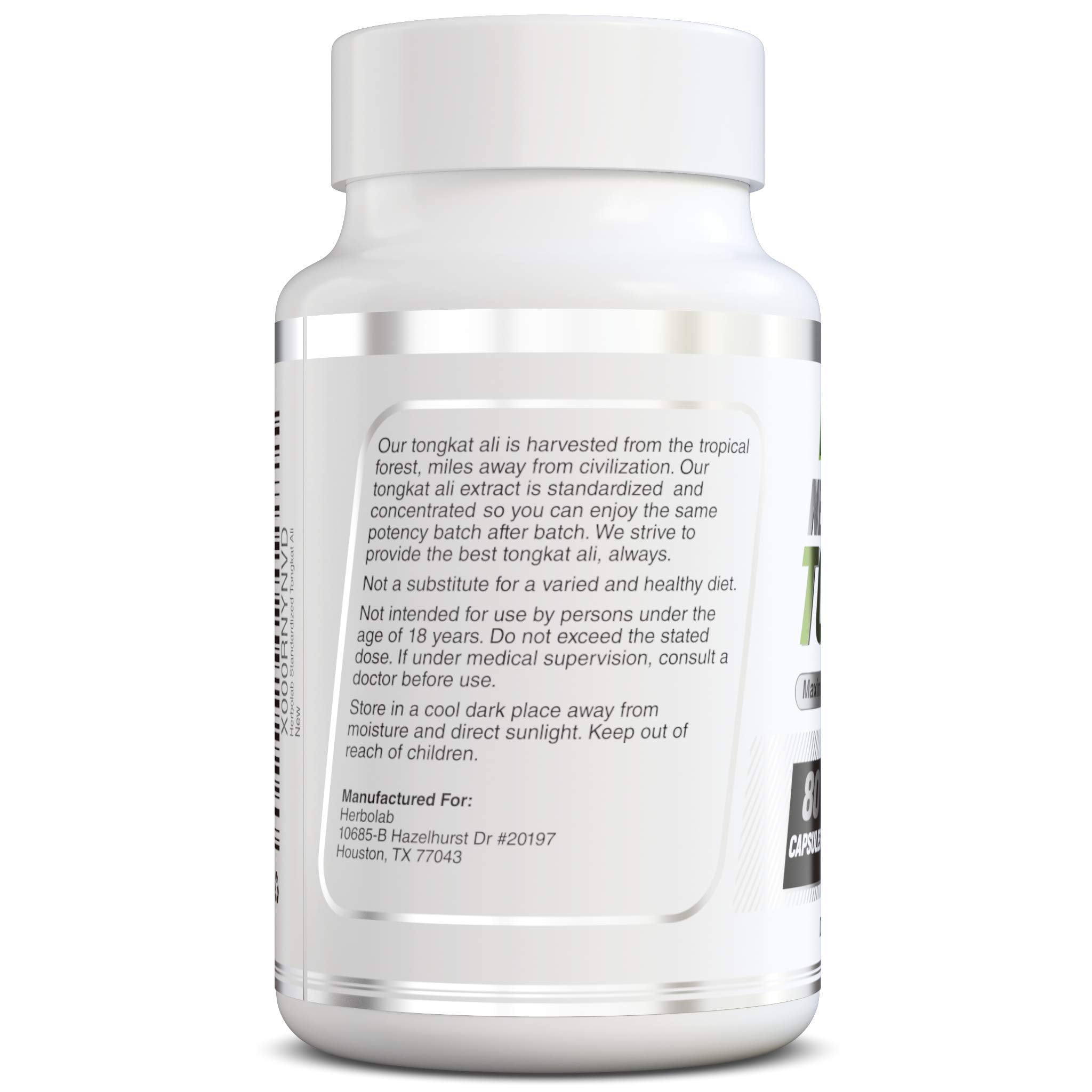 Herbolab Tongkat Ali label highlights standardized extract and third‑party testing.