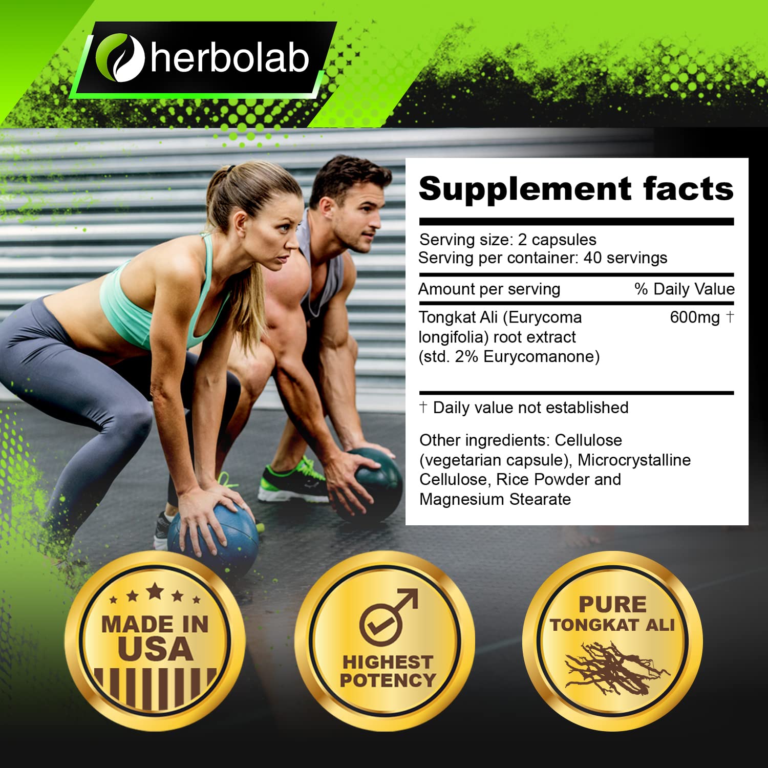 Herbolab Tongkat Ali packaging box emphasizes origin and quality.