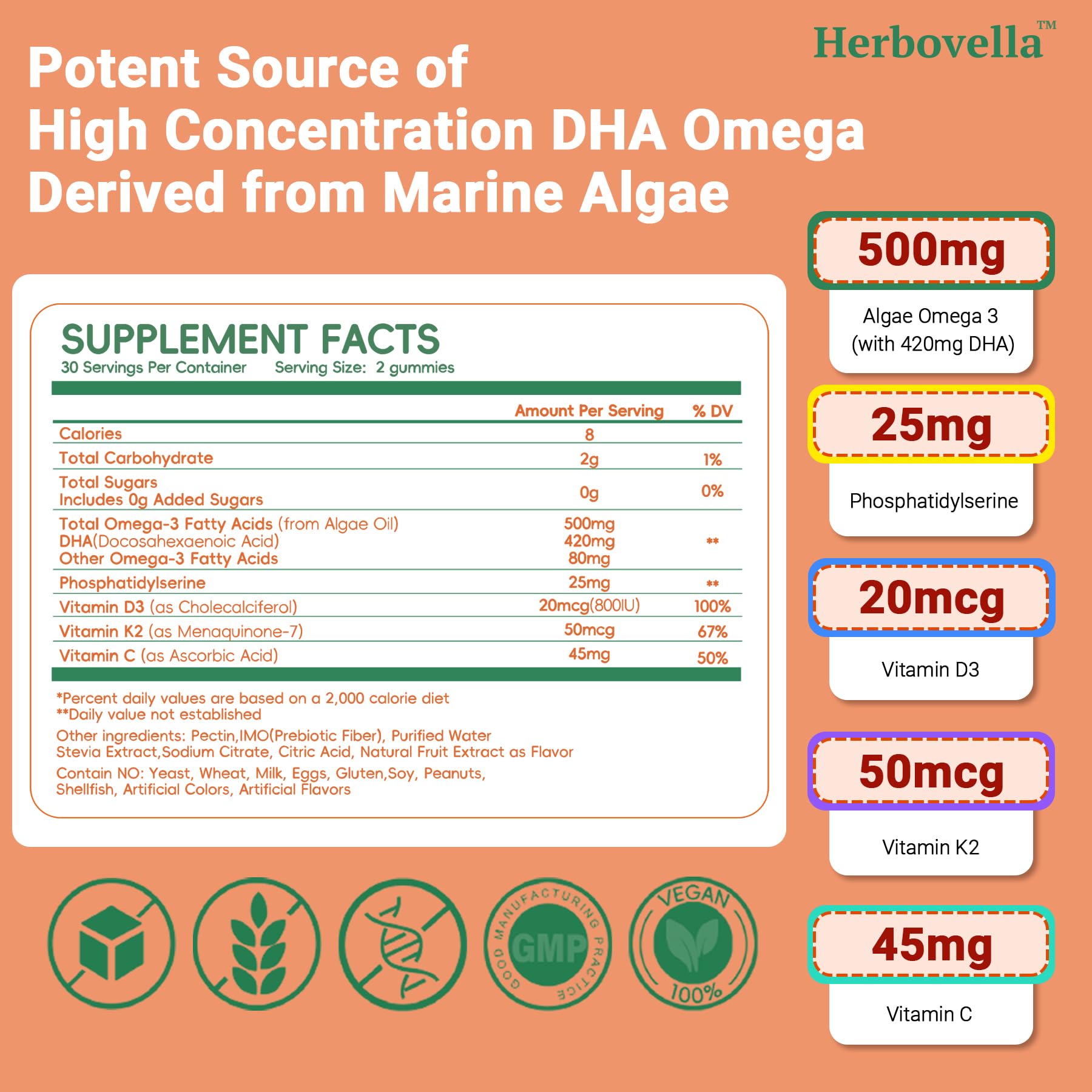Herbovella algae omega-3 kids gummies bottle front shows 120-count supply
