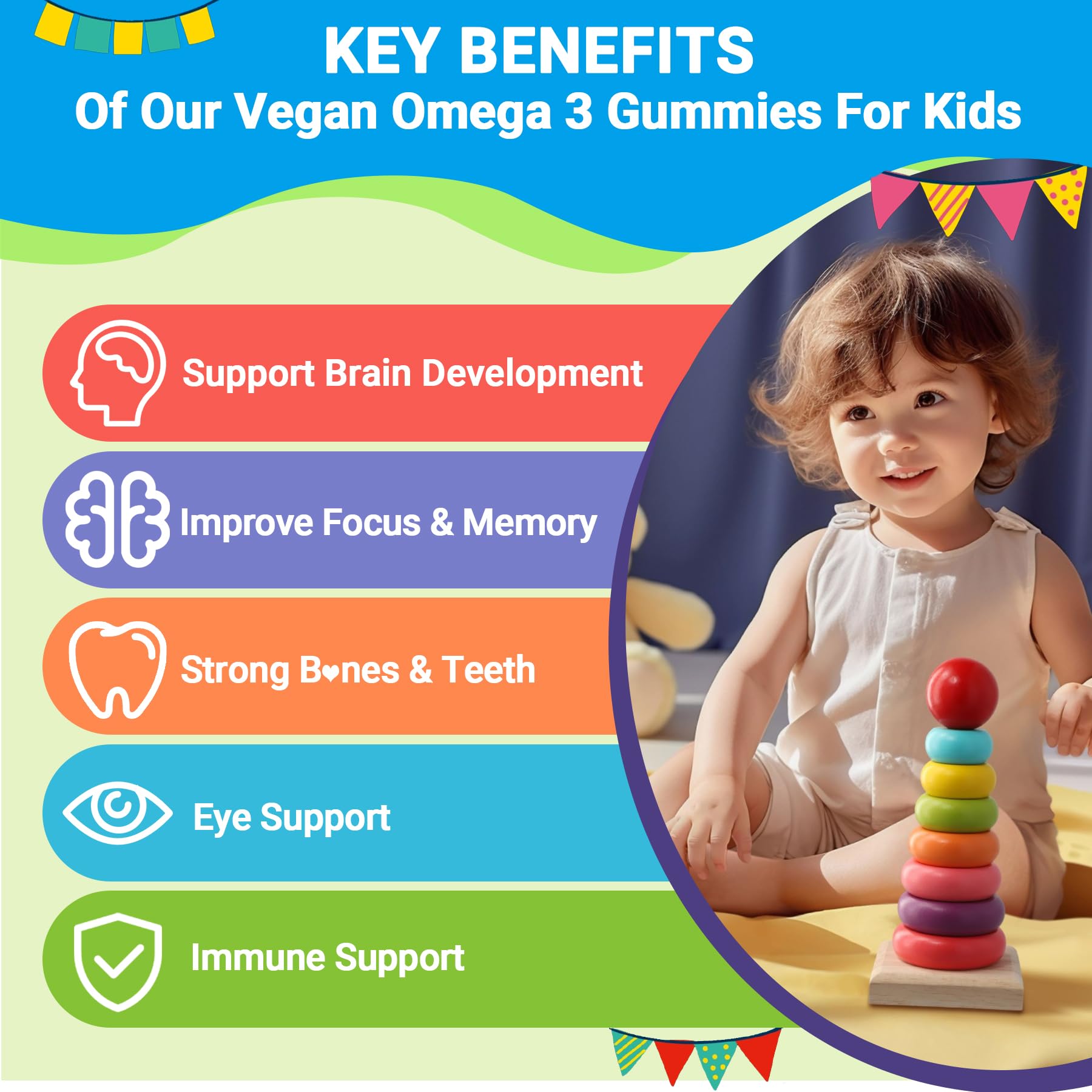 Herbovella algae omega-3 kids gummies bottle back explains PS, D3, K2 for growth support