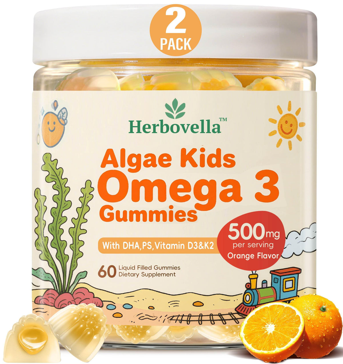 Herbovella algae omega-3 kids gummies packaging highlights vegan, sugar-free DHA option