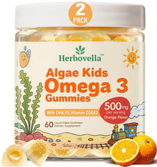 Herbovella algae omega-3 kids gummies packaging highlights vegan, sugar-free DHA option