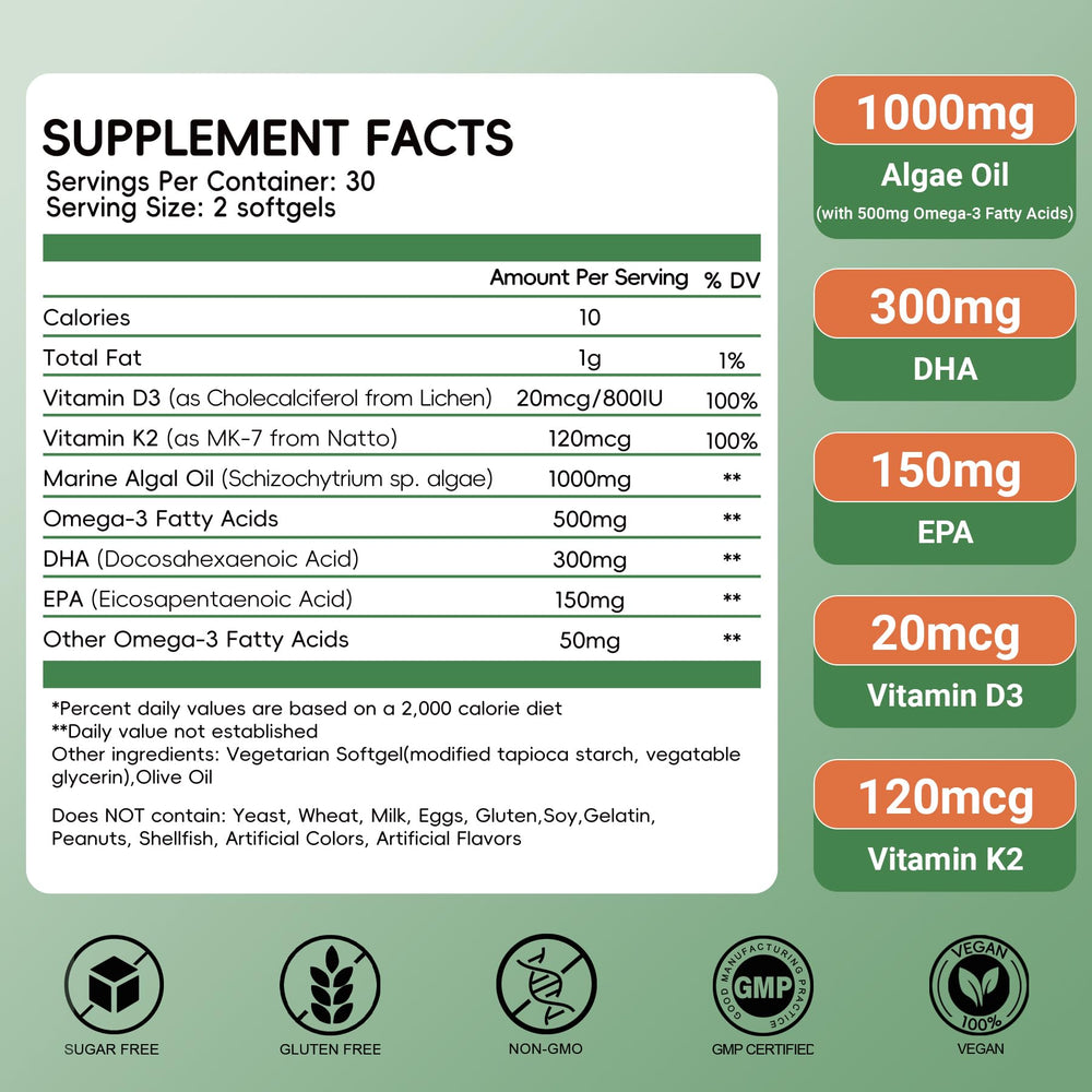 Herbovella algae omega-3 softgels closeup: easy-to-swallow capsules with vegan DHA/EPA.