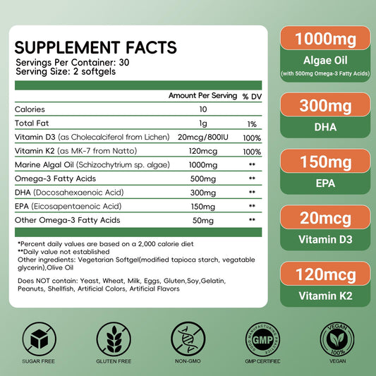 Herbovella algae omega-3 softgels closeup: easy-to-swallow capsules with vegan DHA/EPA.