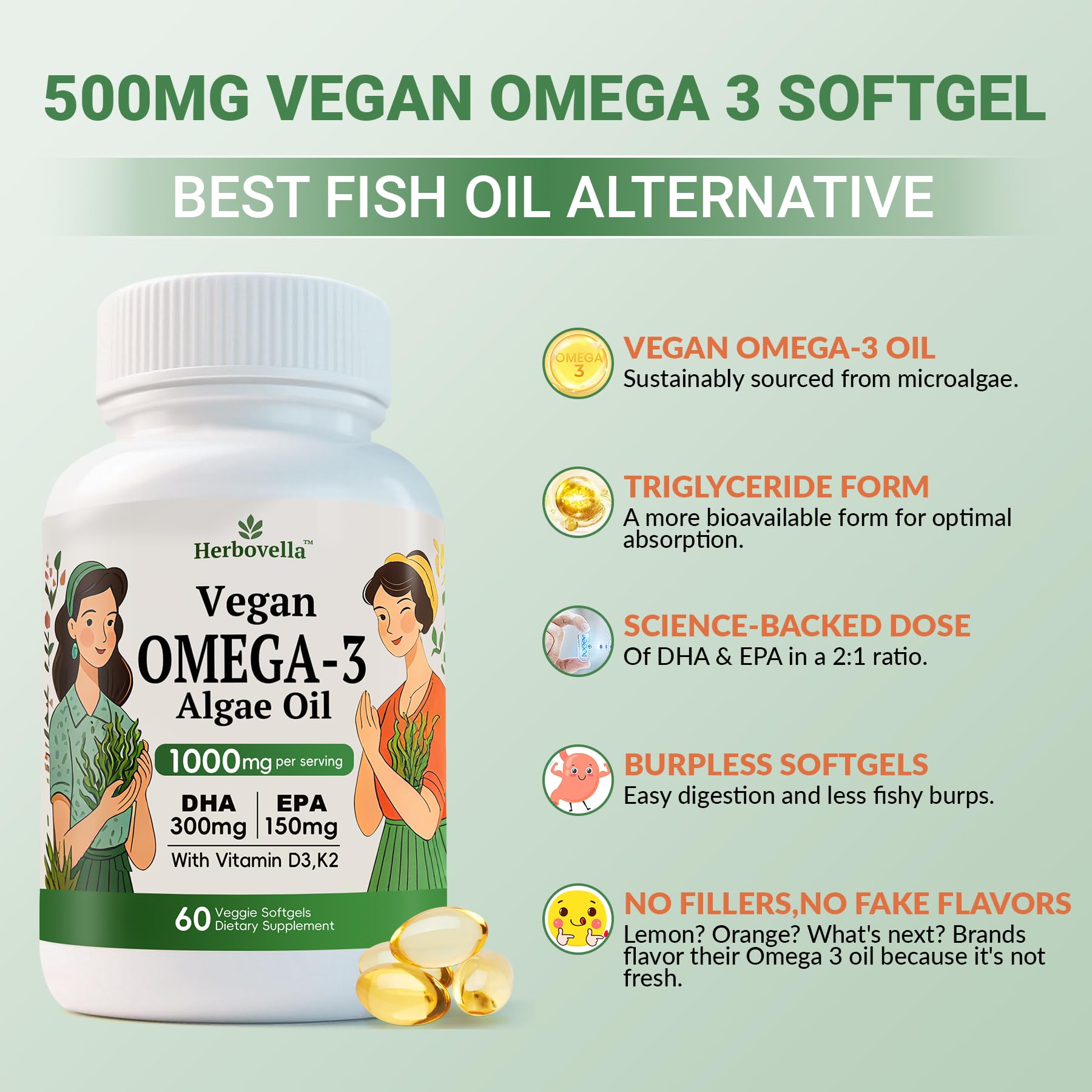 Herbovella vegan-dairy-free packaging showcases clean, planet-friendly omega-3 sourcing.