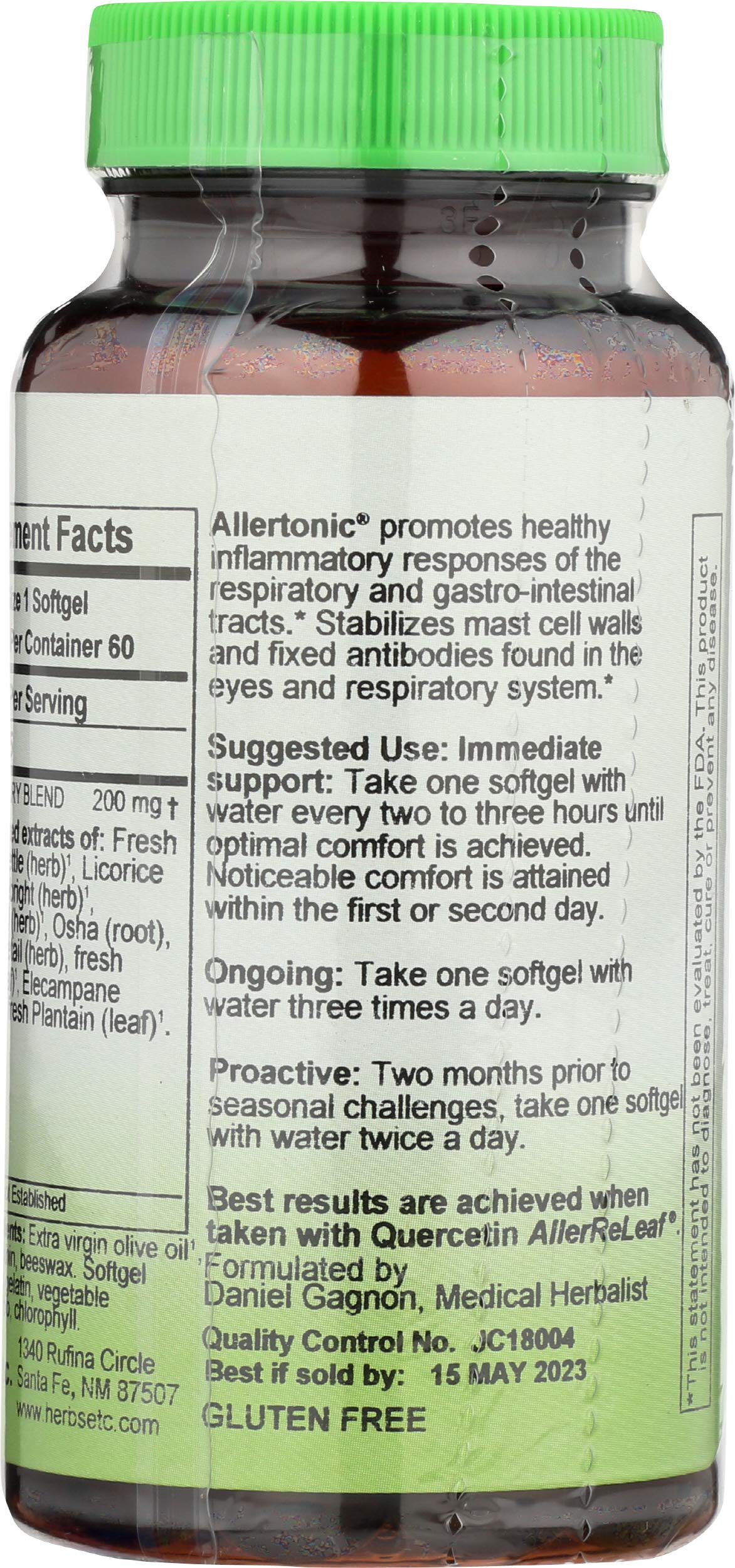 Herbs Etc. Allertonic bottle label showing nettle, licorice, and horsetail ingredients.