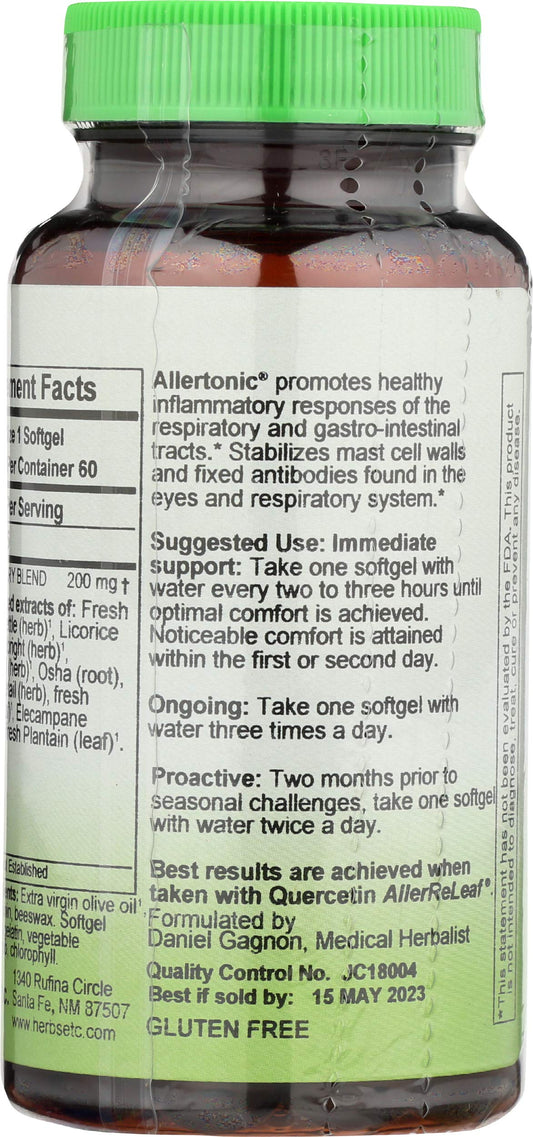 Herbs Etc. Allertonic bottle label showing nettle, licorice, and horsetail ingredients.