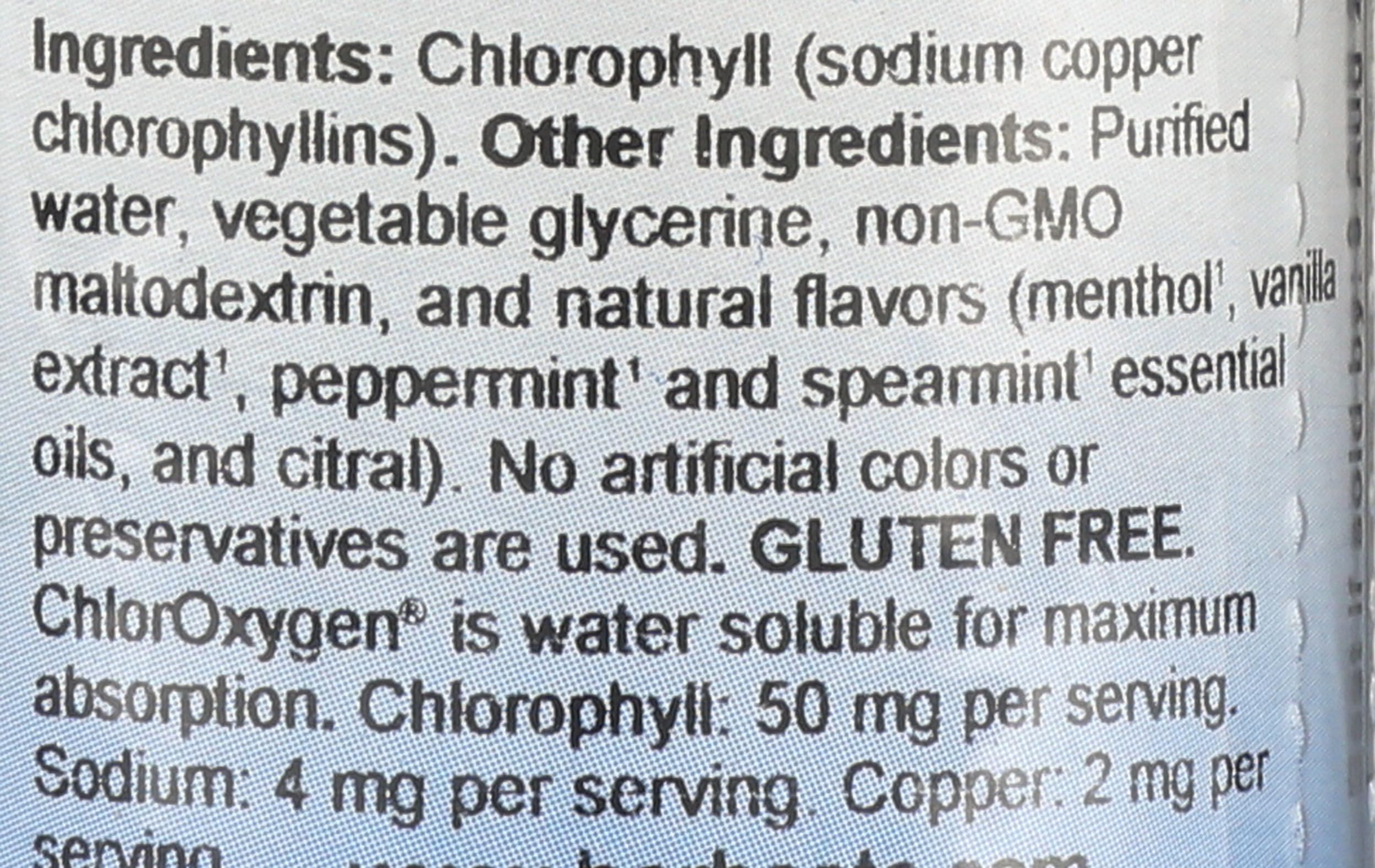 Herbs Etc. ChlorOxygen bottle shows alcohol-free mint chlorophyll concentrate.