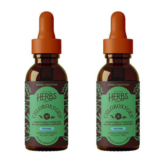 Herbs, Etc. ChlorOxygen bottle front view showing mint flavor and daily vitality support