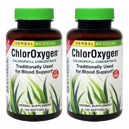 Herbs Etc. ChlorOxygen bottle pour highlights easy daily use and potential energy support