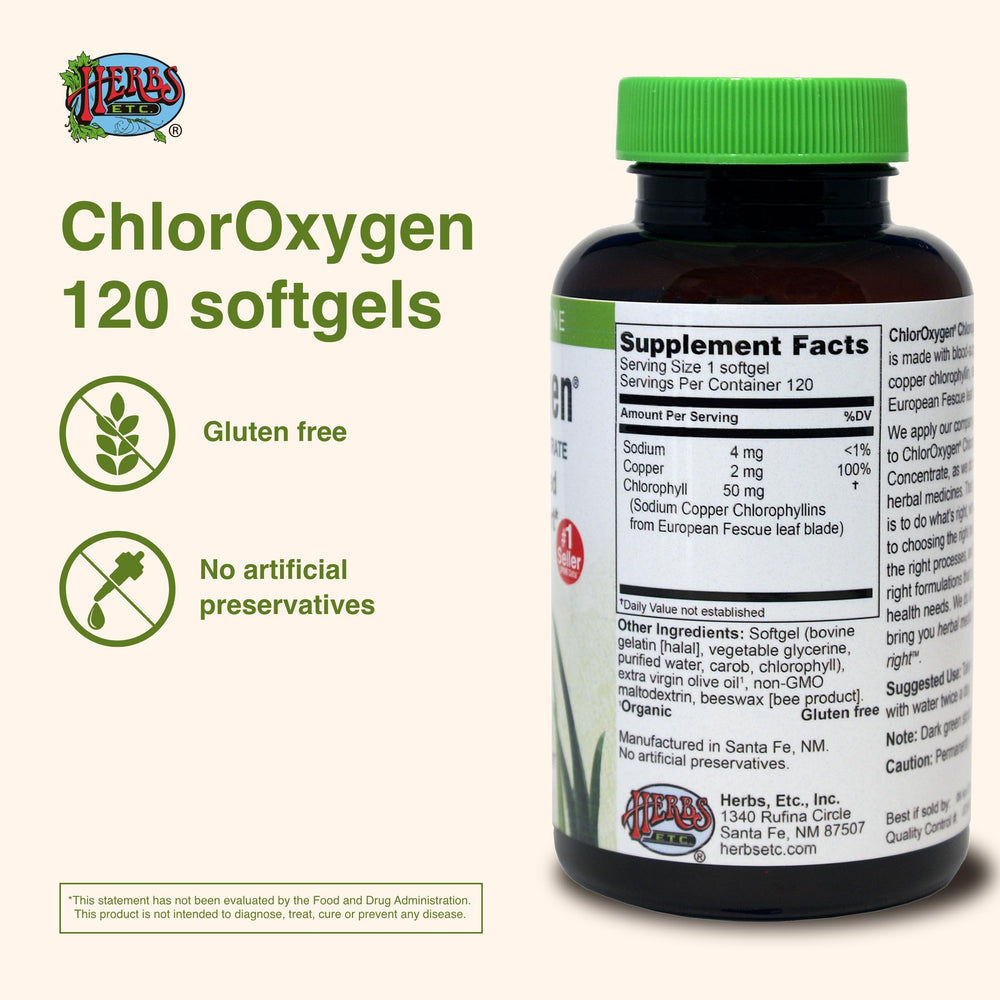 Herbs Etc. ChlorOxygen softgels inside view demonstrates easy-to-swallow capsules