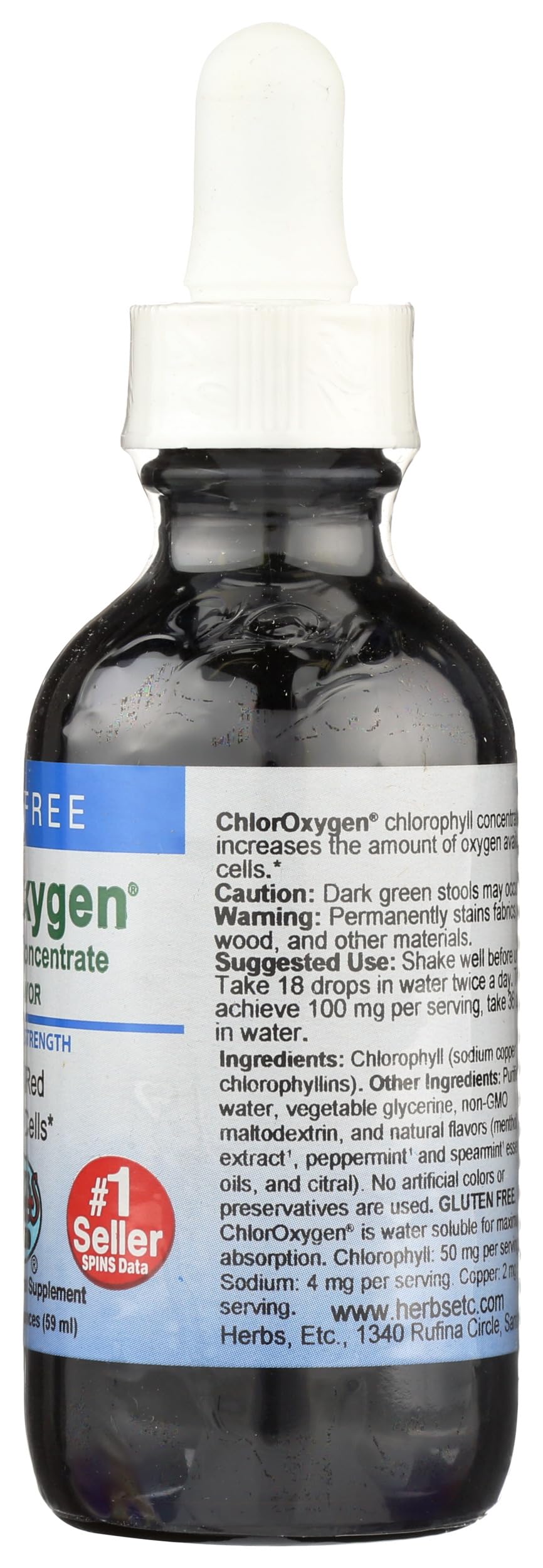 Herbs Etc. ChlorOxygen drops being poured into water demonstrates convenient daily dosing.