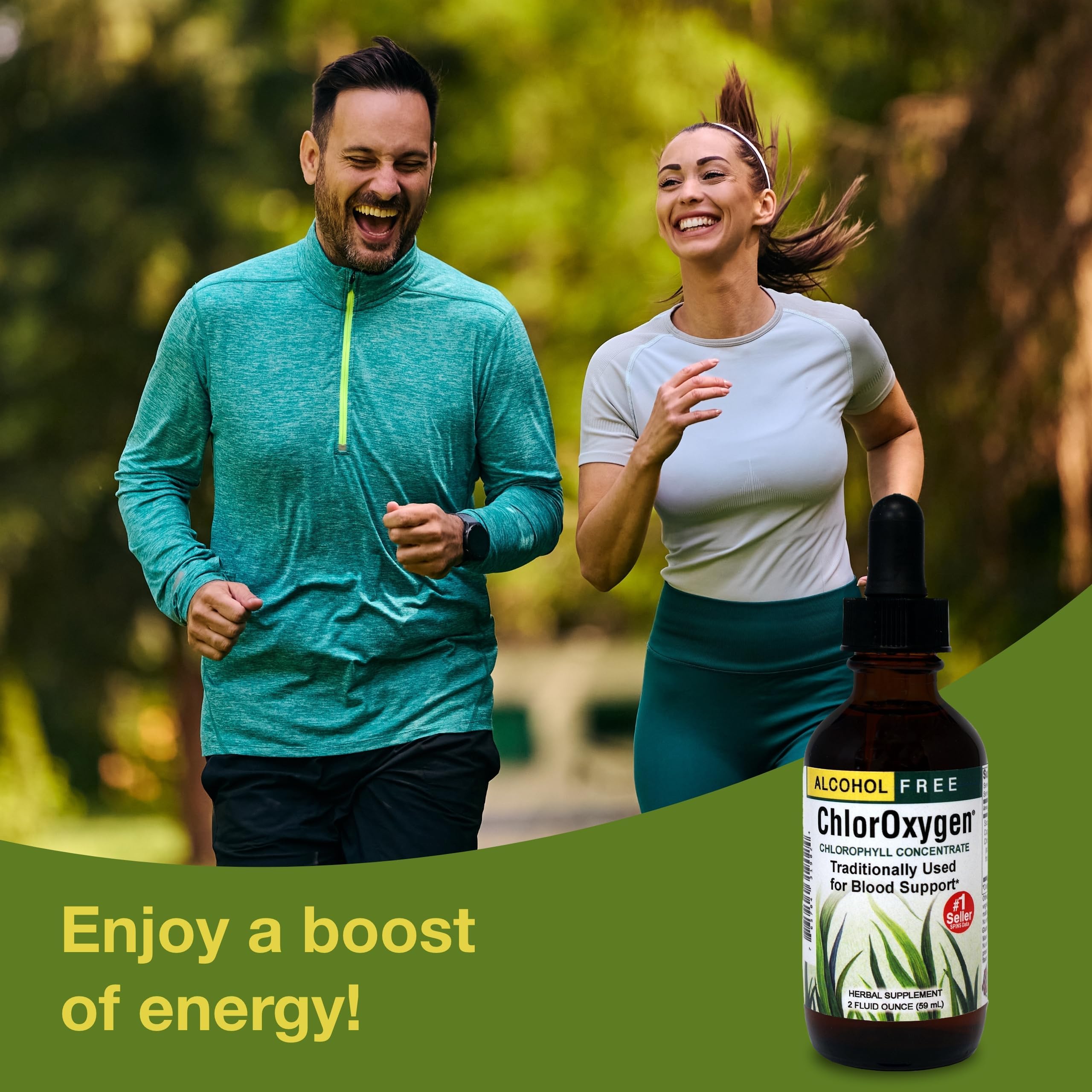 ChlorOxygen liquid in a clear bottle highlighting the natural chlorophyll color