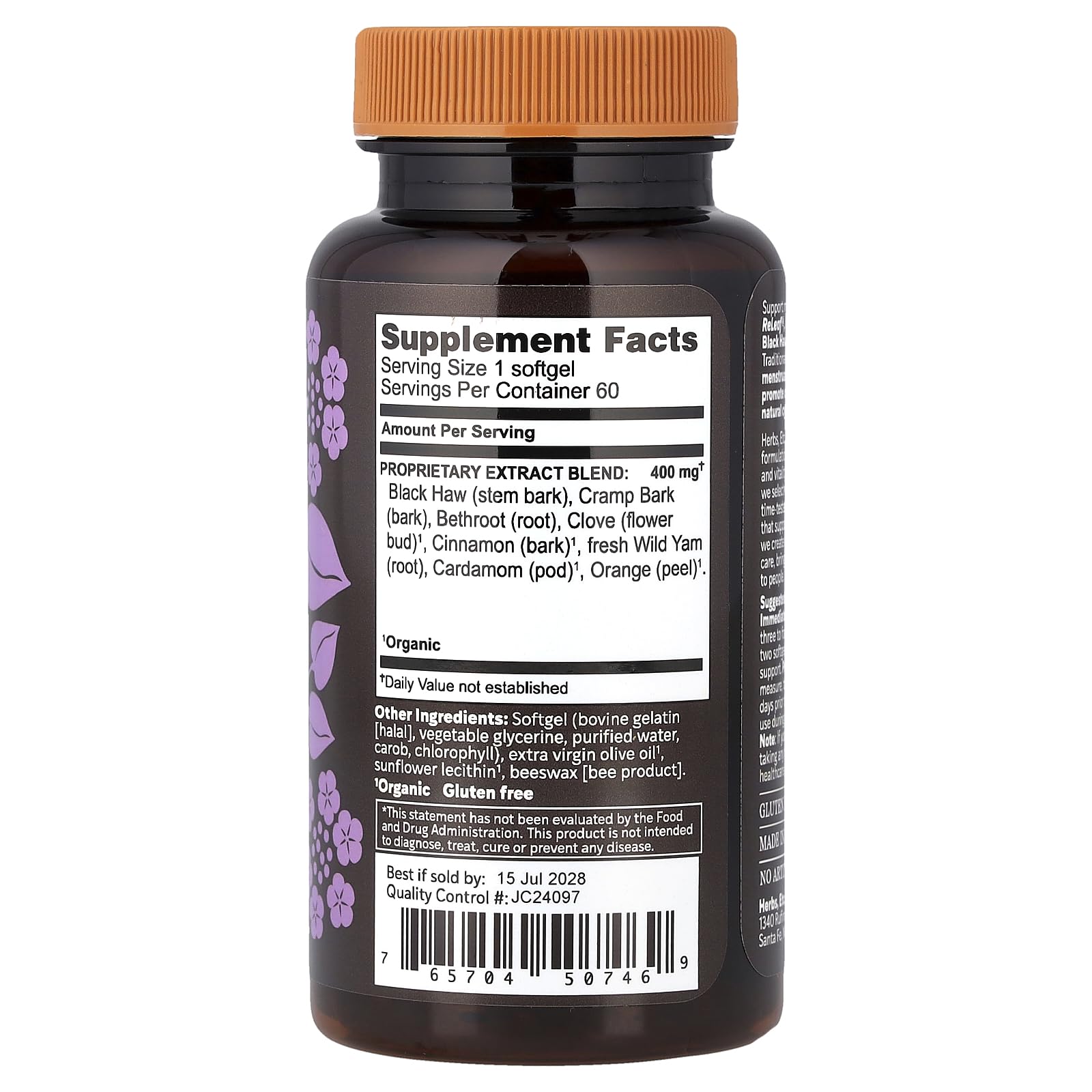 Herbs Etc. Cramp ReLeaf softgels on a clean surface signaling menstrual wellness.