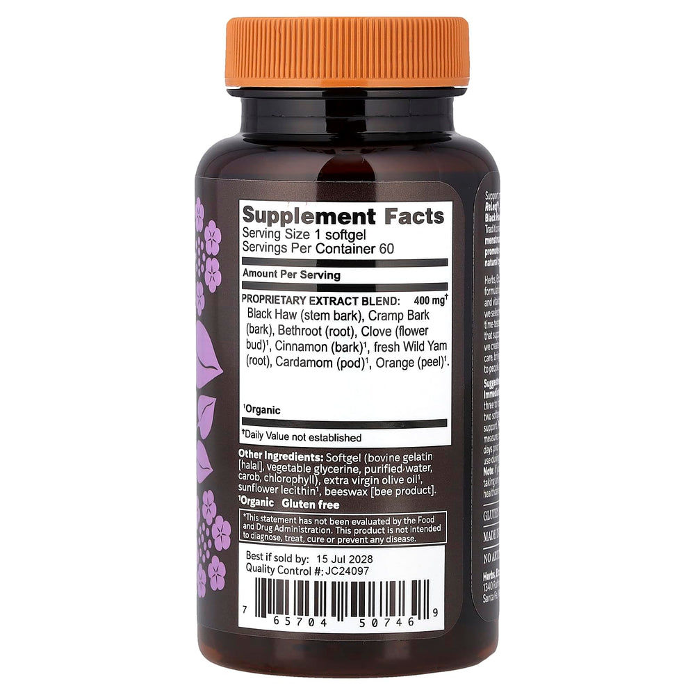 Herbs Etc. Cramp ReLeaf softgels on a clean surface signaling menstrual wellness.