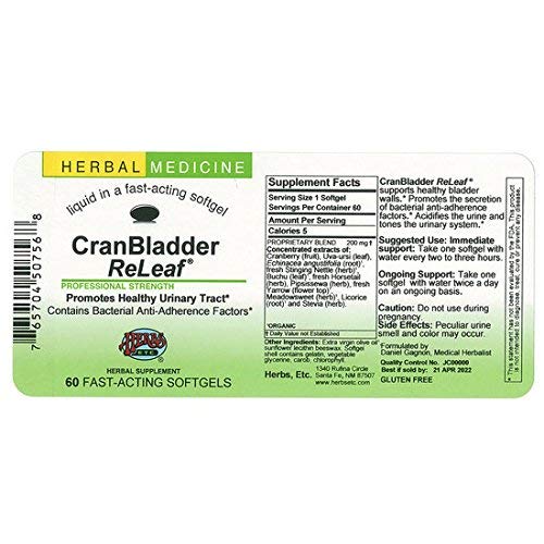 Herbs Etc. CranBladder ReLeaf bottle highlighting fast-acting bladder wellness.