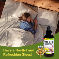 Herbs Etc. Deep Sleep liquid extract closeup with herbal blend in a clear bottle.